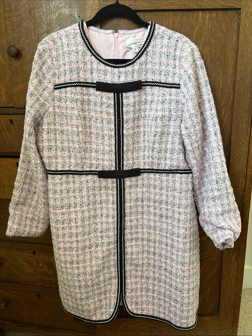 Pomander Place Pink Tweed Long Sleeve Shift Dress with Black Trim